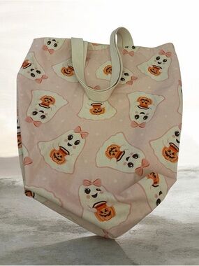 Pink Halloween Ghost Print Tote Bag